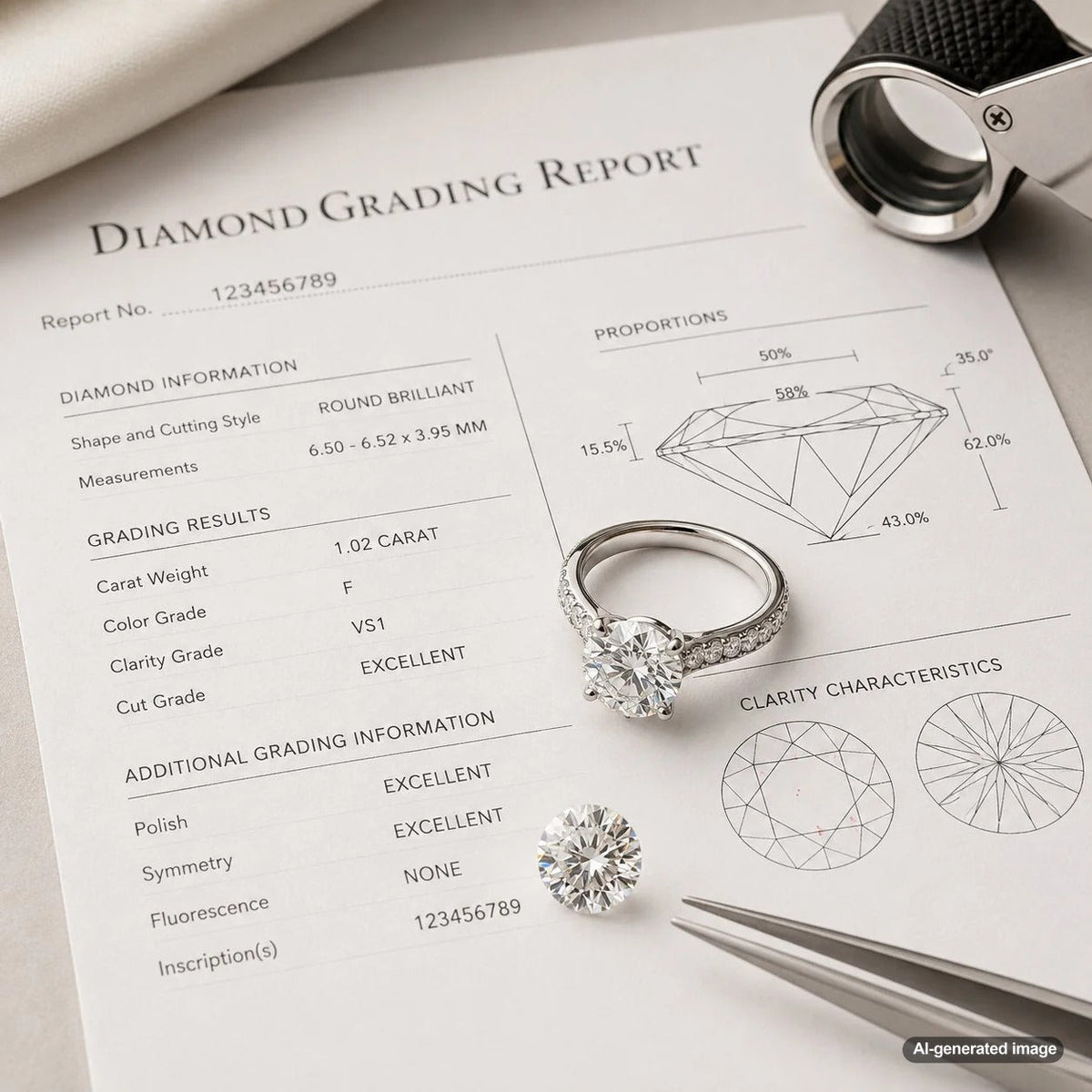 Diamond grading report beside a sparkling diamond for an educational guide to understanding diamond quality before buying