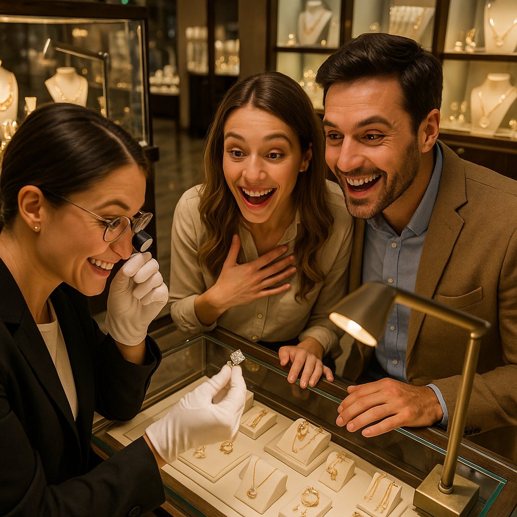 Close up of a jewelry appraisal document next to diamond rings and gemstone jewelry