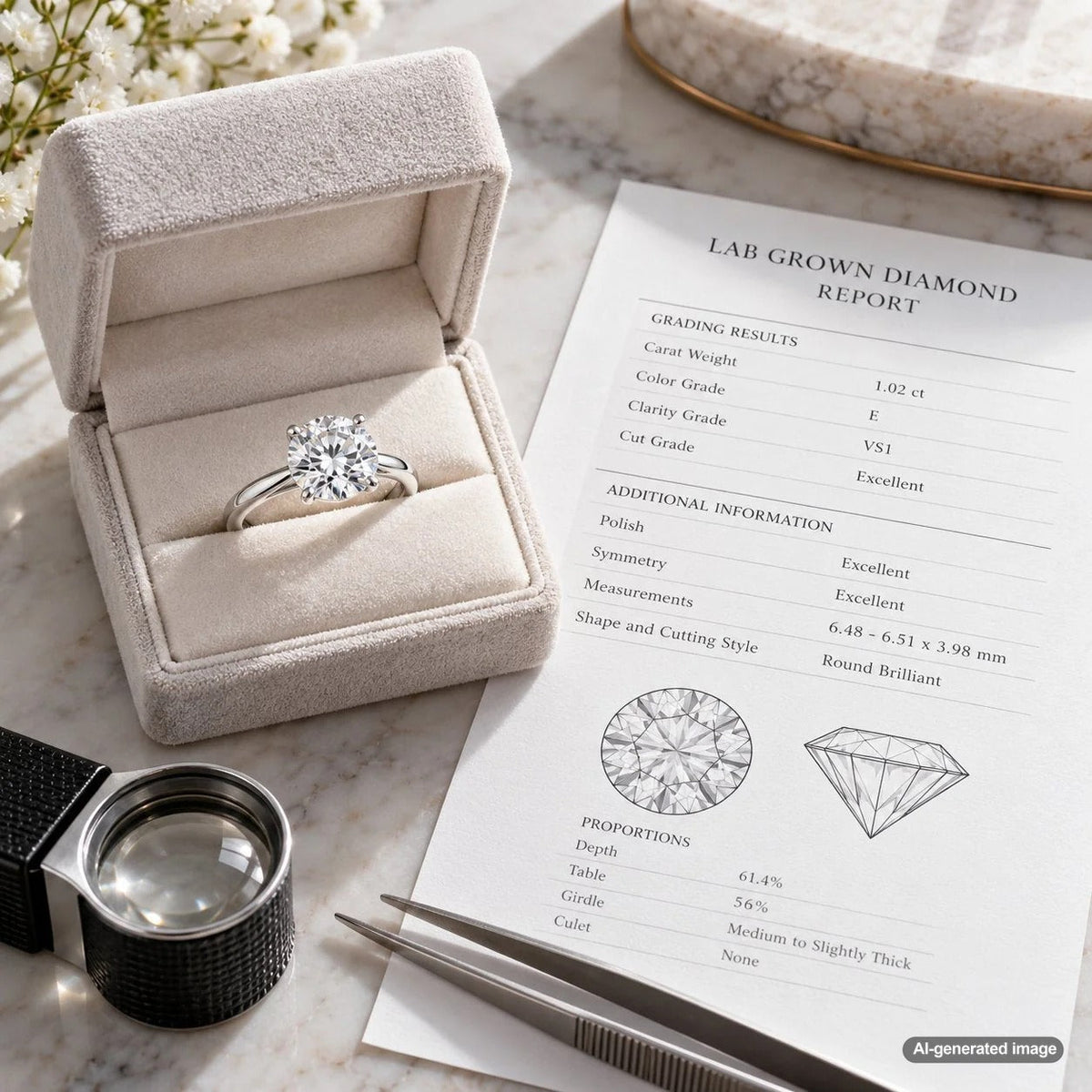 Lab grown diamond with grading certificate showing diamond quality details and measurements