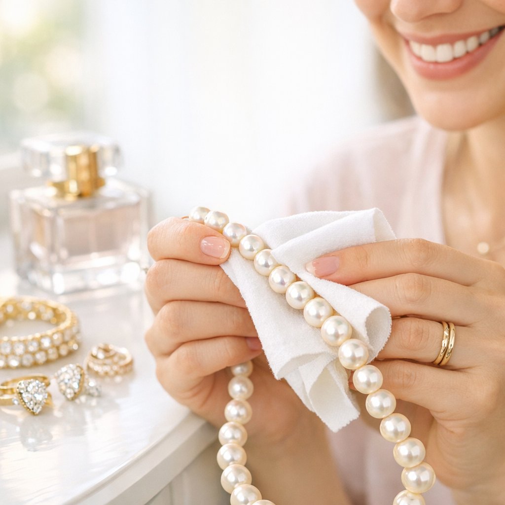 Close-up of a woman gently wiping a luminous pearl necklace with a soft white cloth to remove perfume residue.