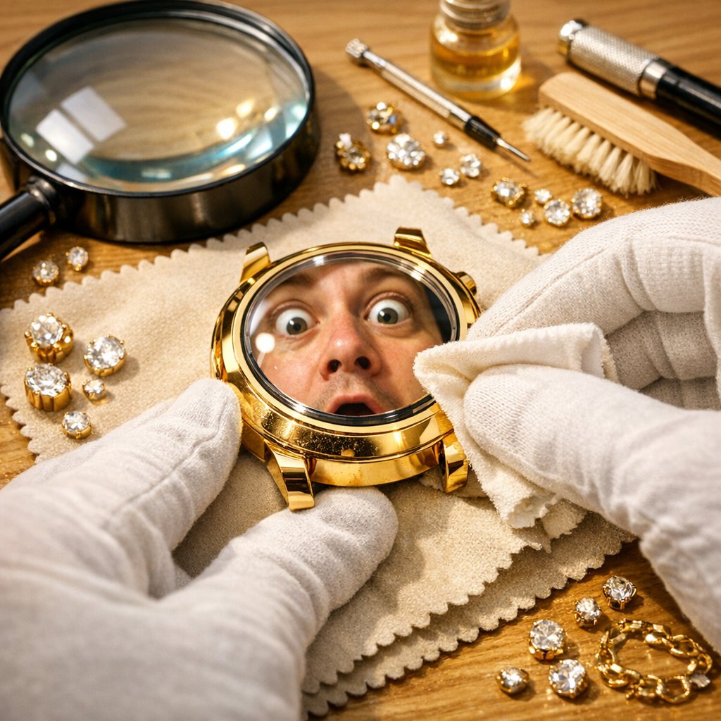 Close-up of a person gently polishing a scratched gold watch case with a polishing cloth at home