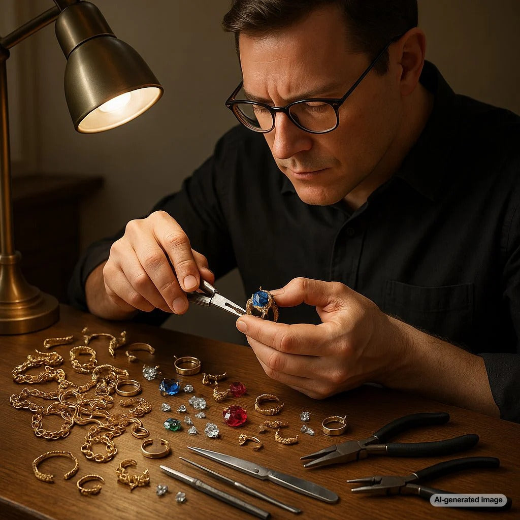 Repurposed broken jewelry transformed into beautiful new pieces including rings, necklaces and earrings