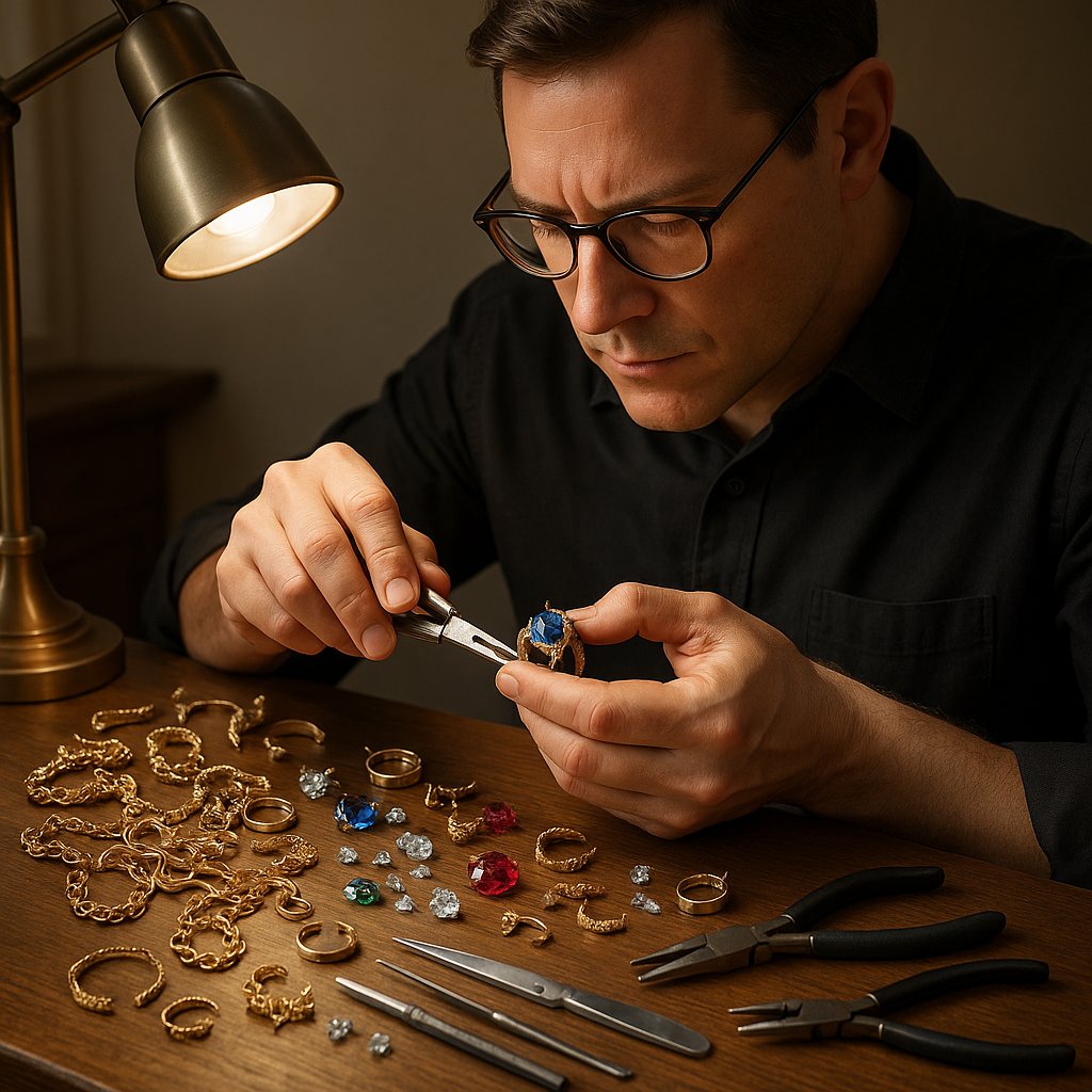 Repurposed broken jewelry transformed into beautiful new pieces including rings, necklaces and earrings