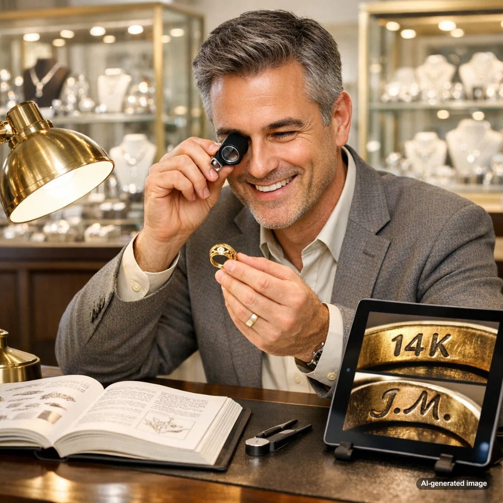 Close up of a vintage ring with a hallmark and maker's mark, being examined for authentication