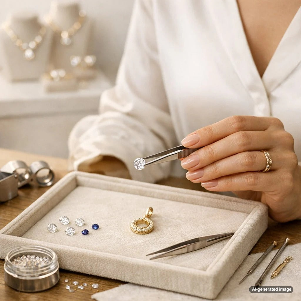 Close-up of a jeweler's hands expertly setting a brilliant diamond into a new gold pendant setting at Robinson's Jewelers.