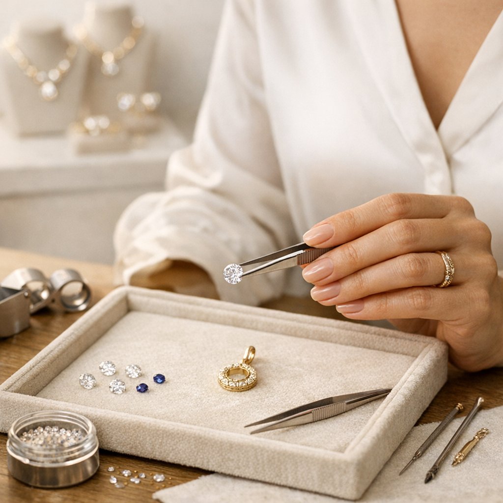 Close-up of a jeweler's hands expertly setting a brilliant diamond into a new gold pendant setting at Robinson's Jewelers.