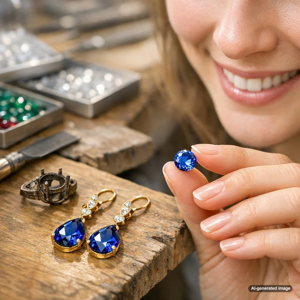Close-up image showing the elegant transformation of a heirloom gemstone from an old ring setting into a stunning new pair of diamond drop earrings.