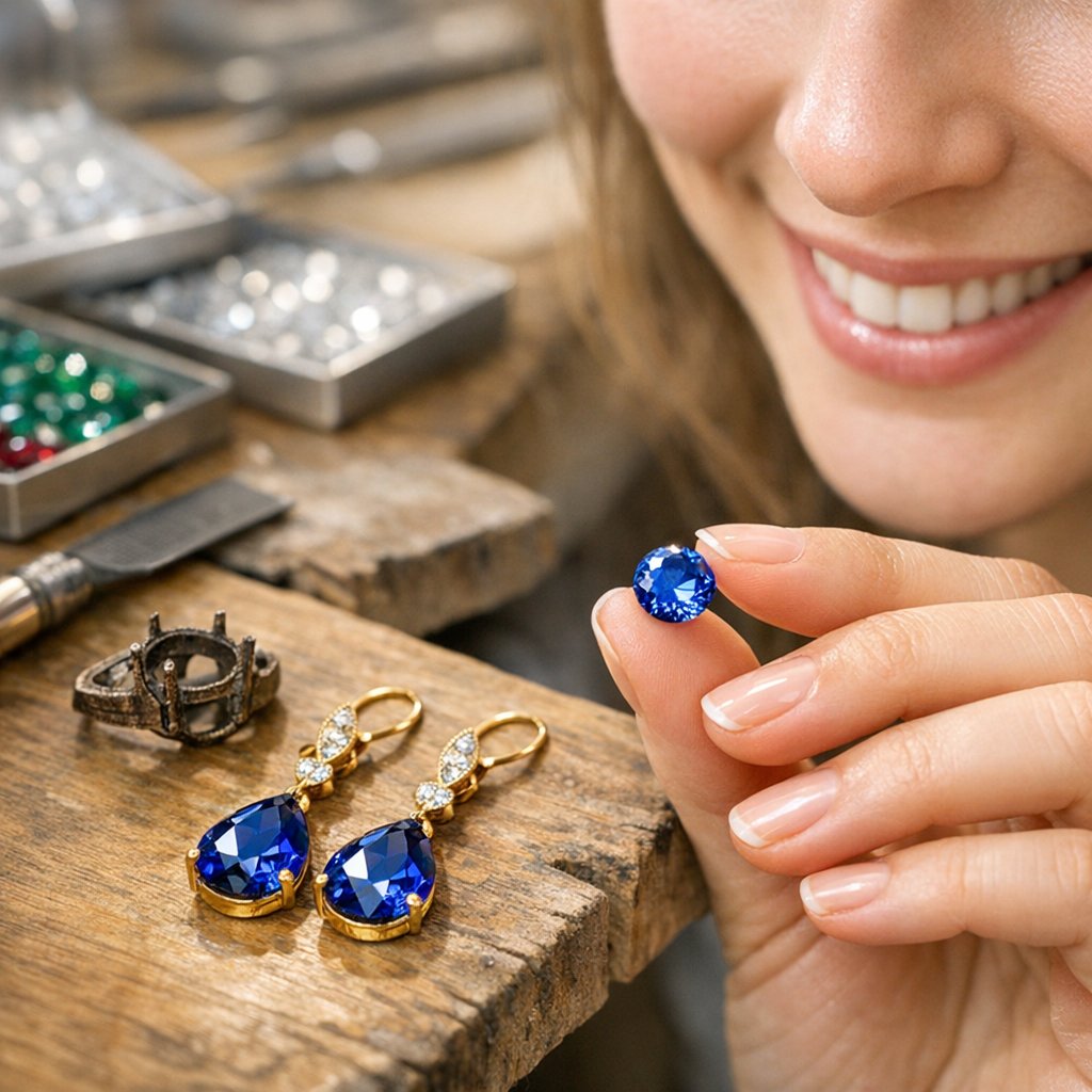 Close-up image showing the elegant transformation of a heirloom gemstone from an old ring setting into a stunning new pair of diamond drop earrings.