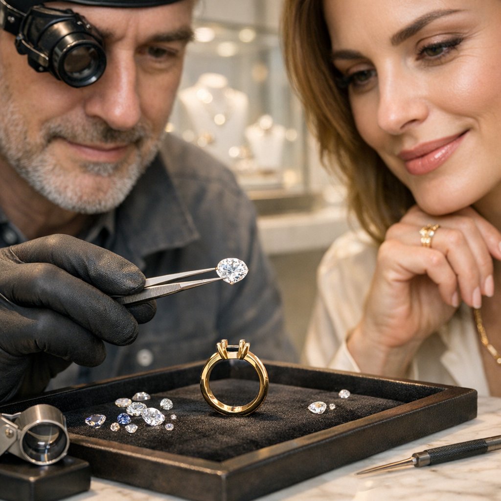 Close-up of a jeweler's hands carefully placing a brilliant diamond into a sleek, modern gold setting.