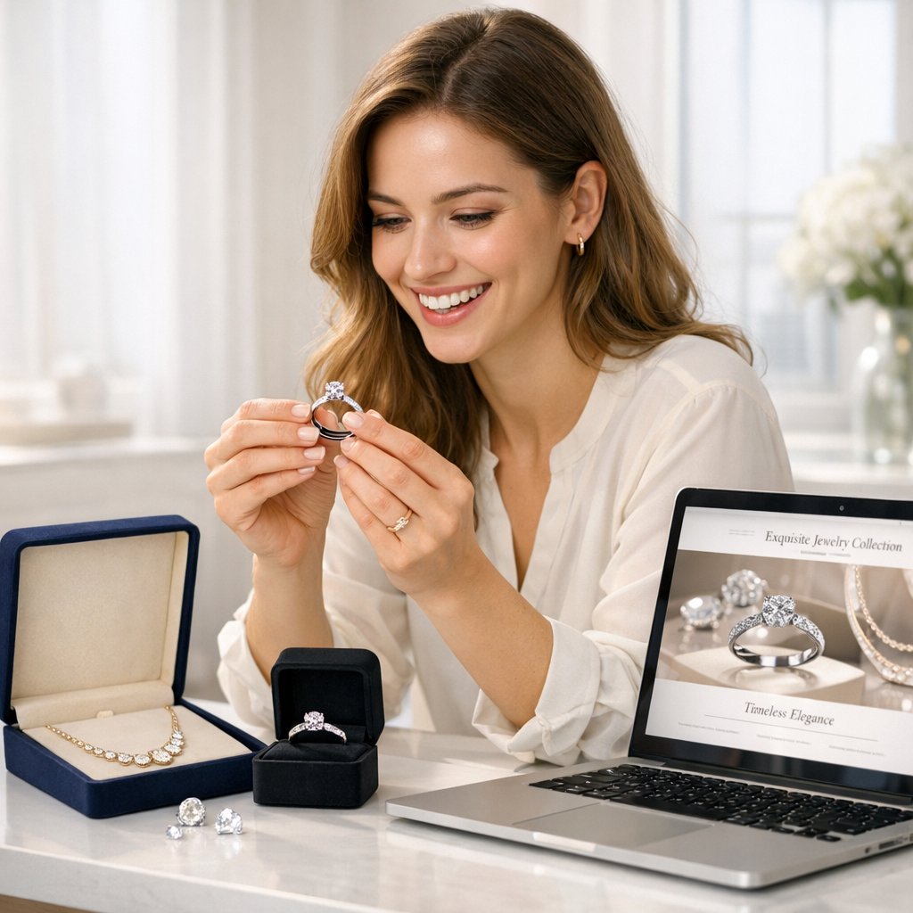 Woman smiling confidently while holding a tablet displaying beautiful jewelry, with a coffee cup and jewelry box nearby, representing safe and enjoyable online jewelry shopping.