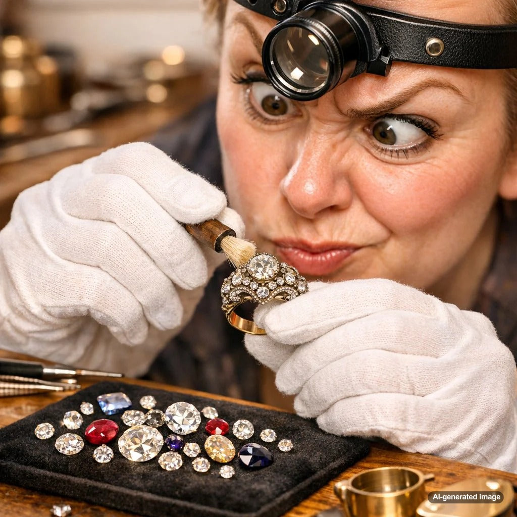 A person gently cleaning an intricate antique gold ring with a soft brush, highlighting the careful cleaning process for fragile jewelry settings and older cut gemstones.