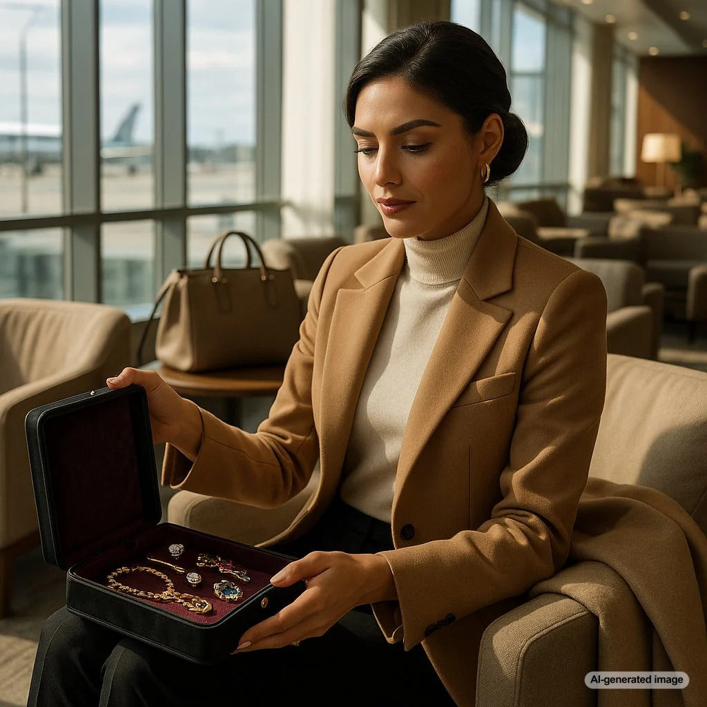 Elegant travel jewelry case with diamond necklace and rings arranged beautifully for vacation