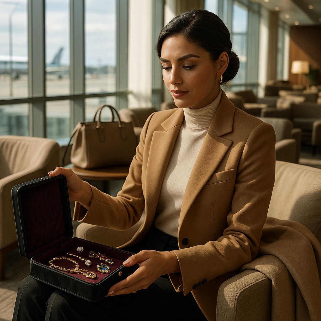 Elegant travel jewelry case with diamond necklace and rings arranged beautifully for vacation