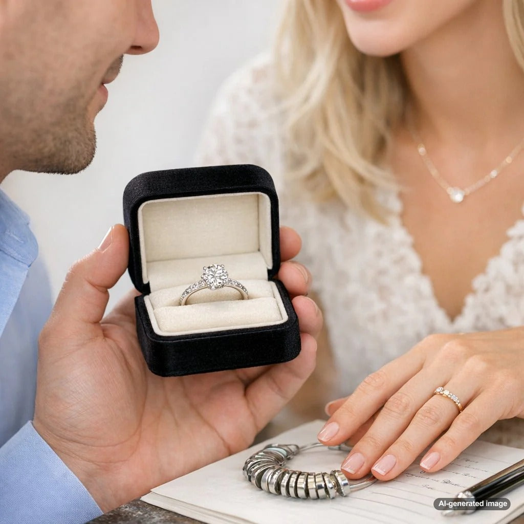 A person secretly measuring a ring finger with a piece of string for a surprise engagement proposal
