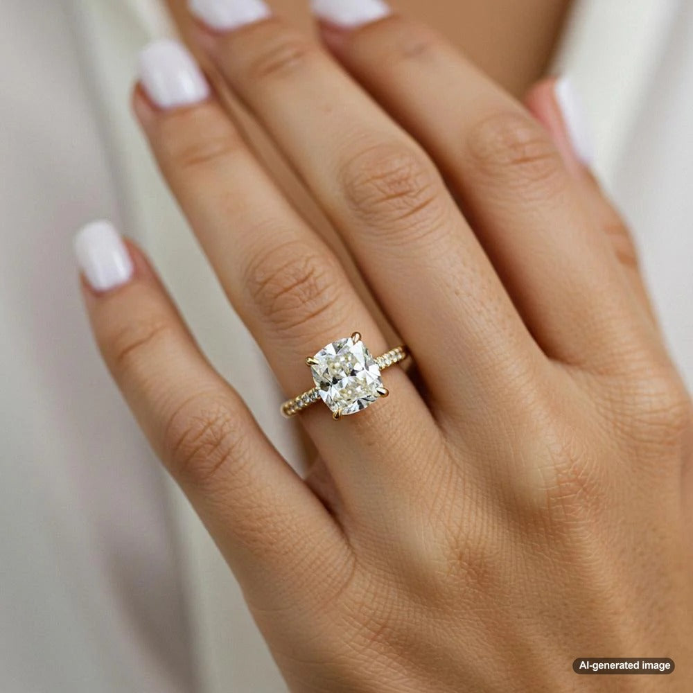 Close-up of a sparkling diamond engagement ring being sized on a ring sizer tool