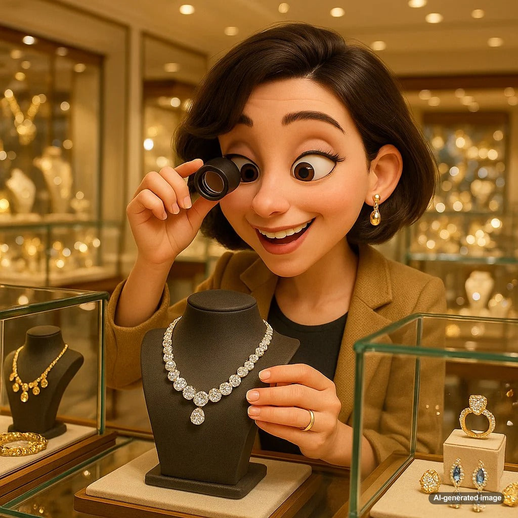 Woman holding diamond ring and negotiating sale with jeweler