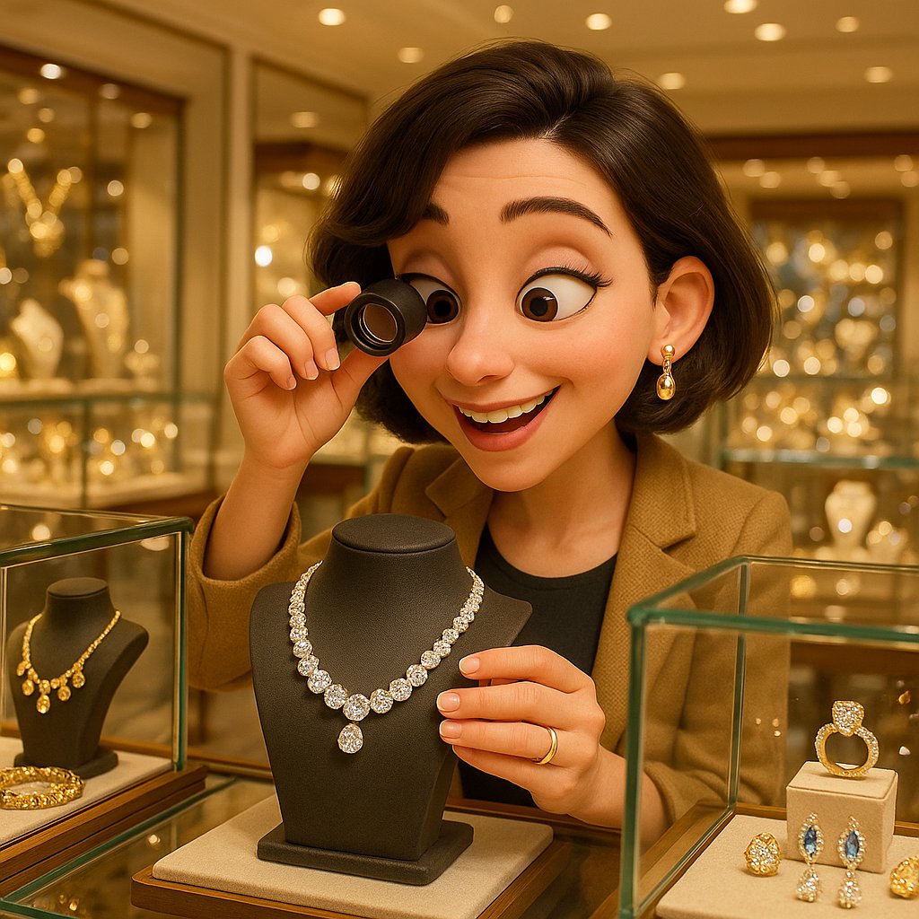 Woman holding diamond ring and negotiating sale with jeweler