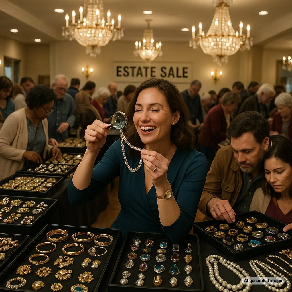 Vintage jewelry collection displayed at an estate sale with rings, brooches and necklaces