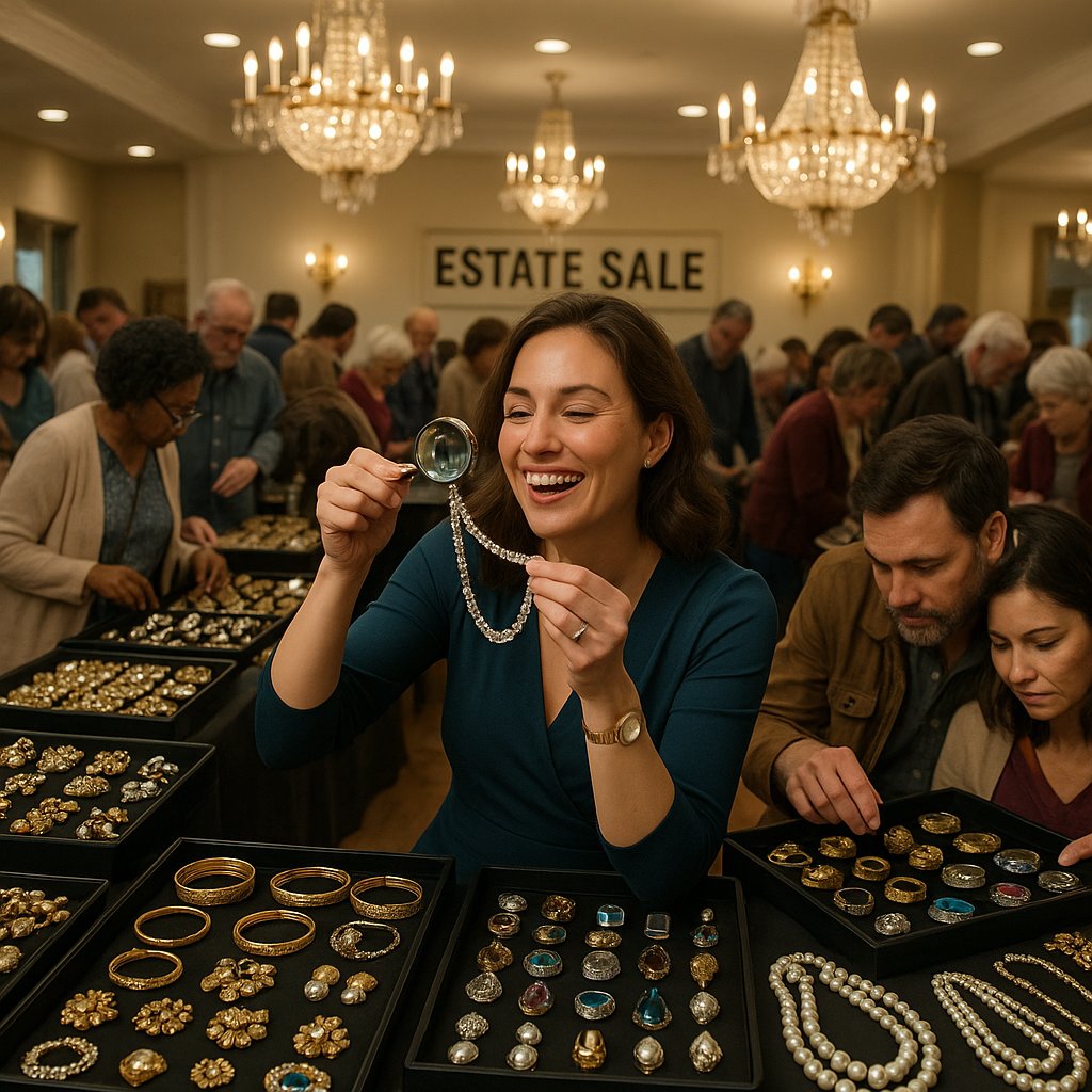 Vintage jewelry collection displayed at an estate sale with rings, brooches and necklaces