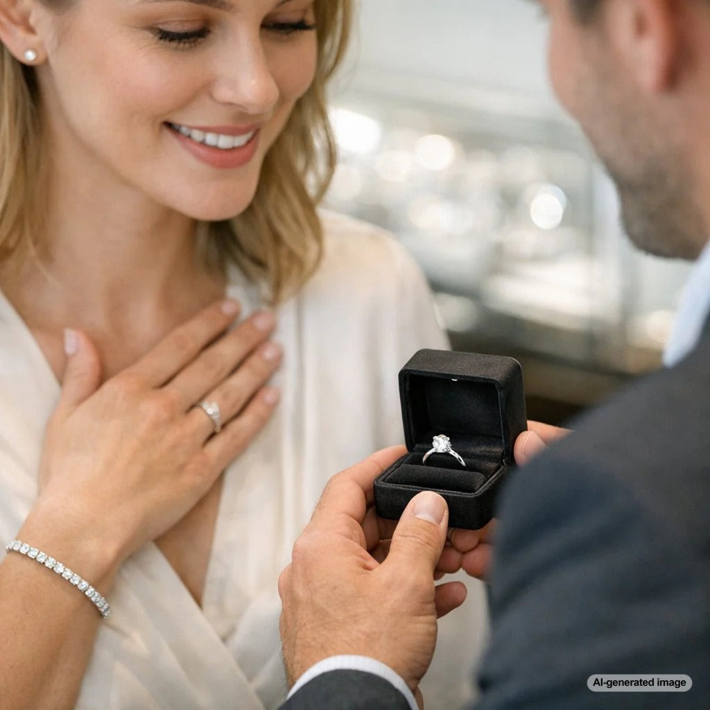 A helpful guide to engagement ring shopping without stress, featuring a sparkling diamond ring at Robinson's Jewelers
