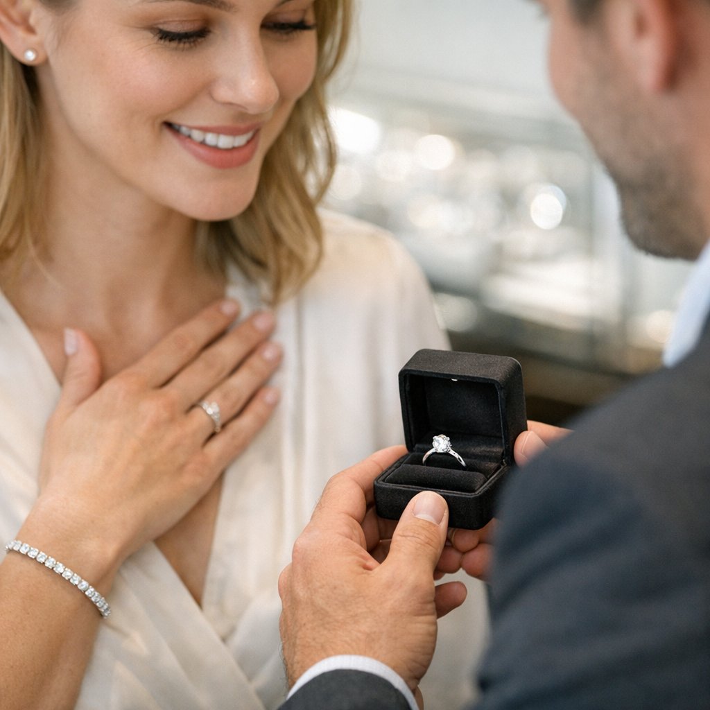 A helpful guide to engagement ring shopping without stress, featuring a sparkling diamond ring at Robinson's Jewelers