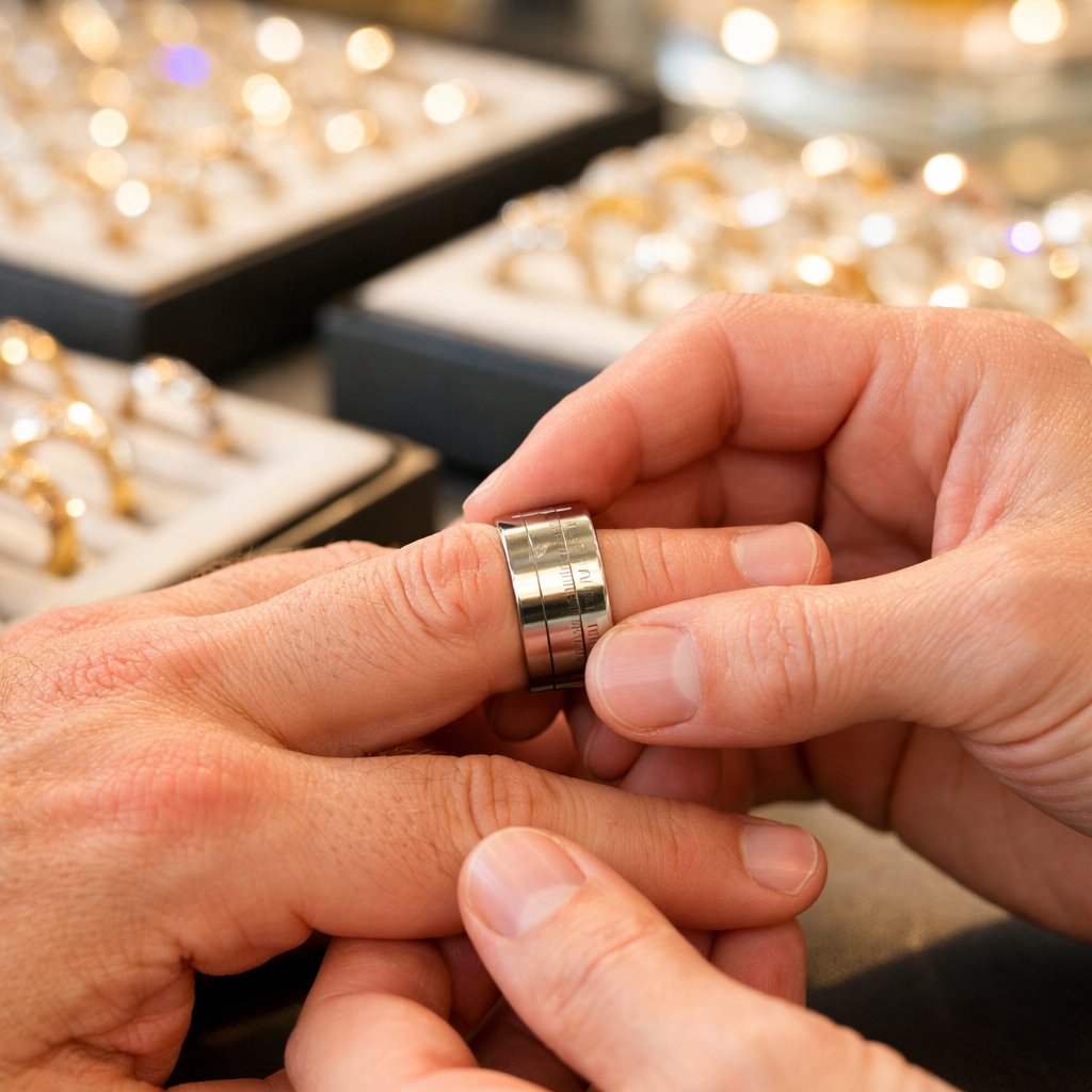 A man's hand with a prominent knuckle being fitted for a gold wedding band by a jeweler at Robinson's Jewelers, showcasing the knuckle-to-base fit.