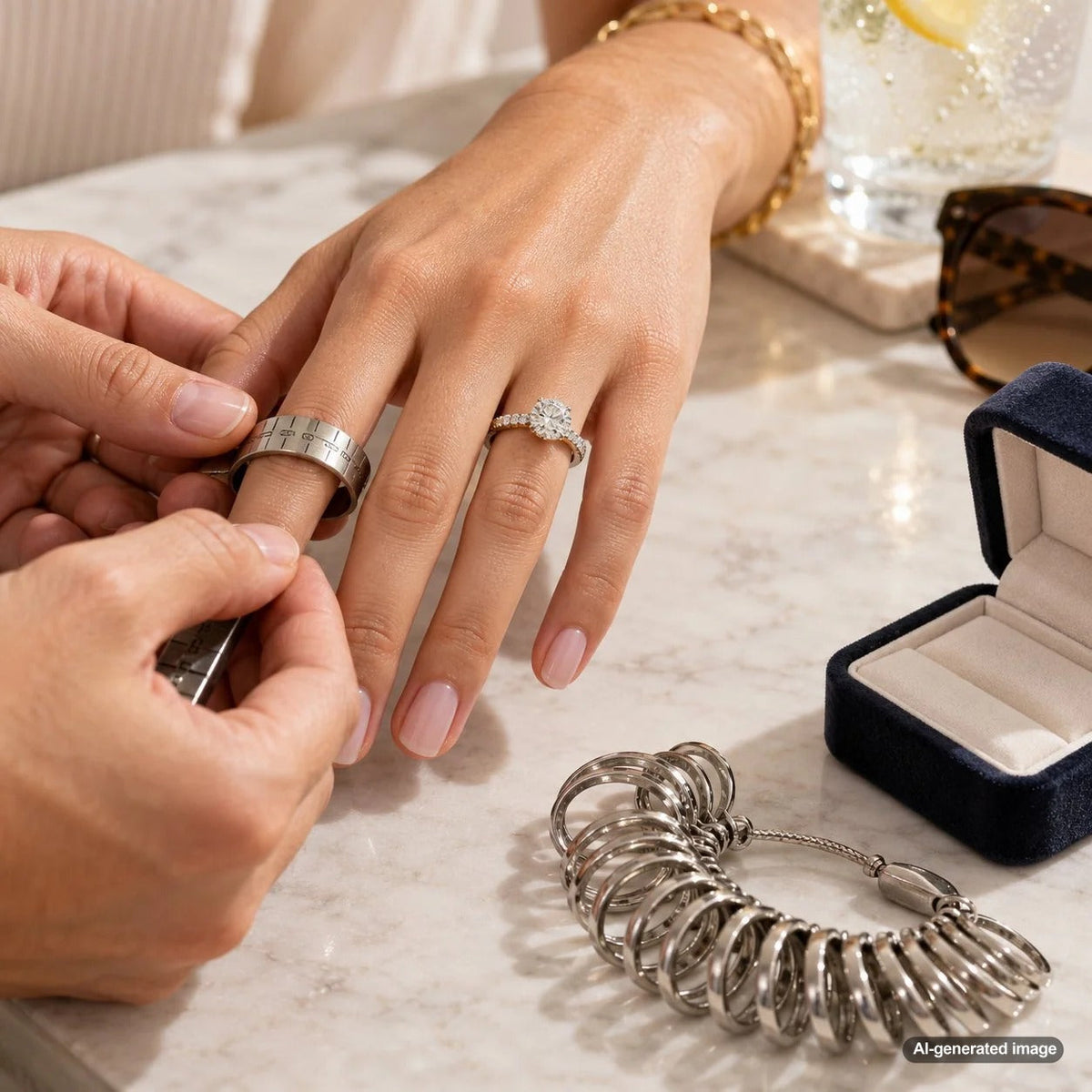 Ring sizing in hot South Florida weather, showing how to find a comfortable fit for engagement rings and wedding bands when fingers swell