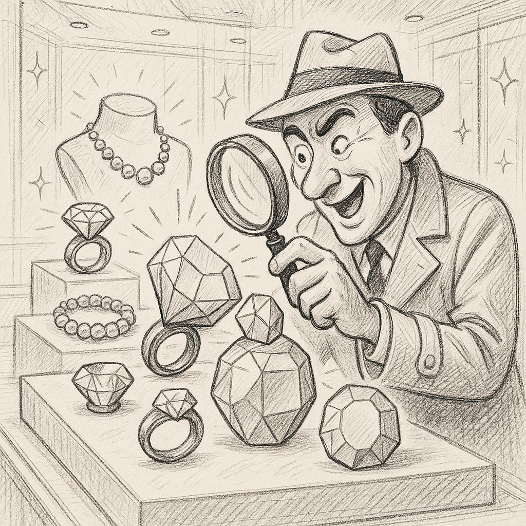 Close-up comparison of real and fake gemstones showing differences in sparkle and clarity