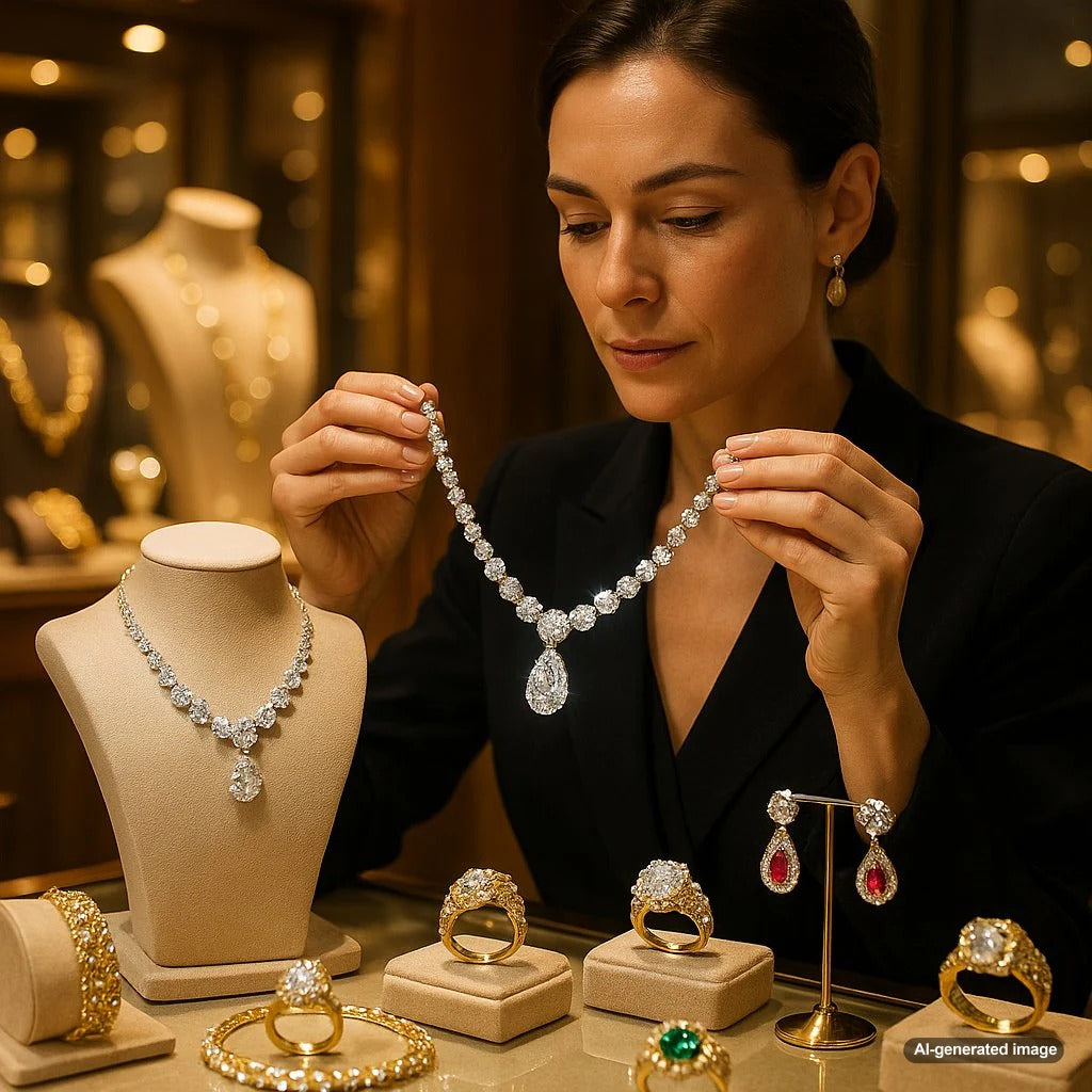 Close-up of a woman inspecting a diamond ring under light to check authenticity