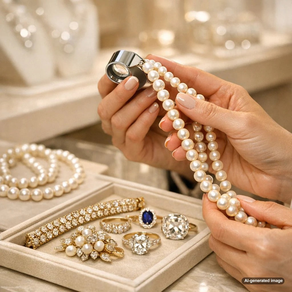 Close-up image of a woman performing the tooth test on a lustrous pearl necklace to check its authenticity.