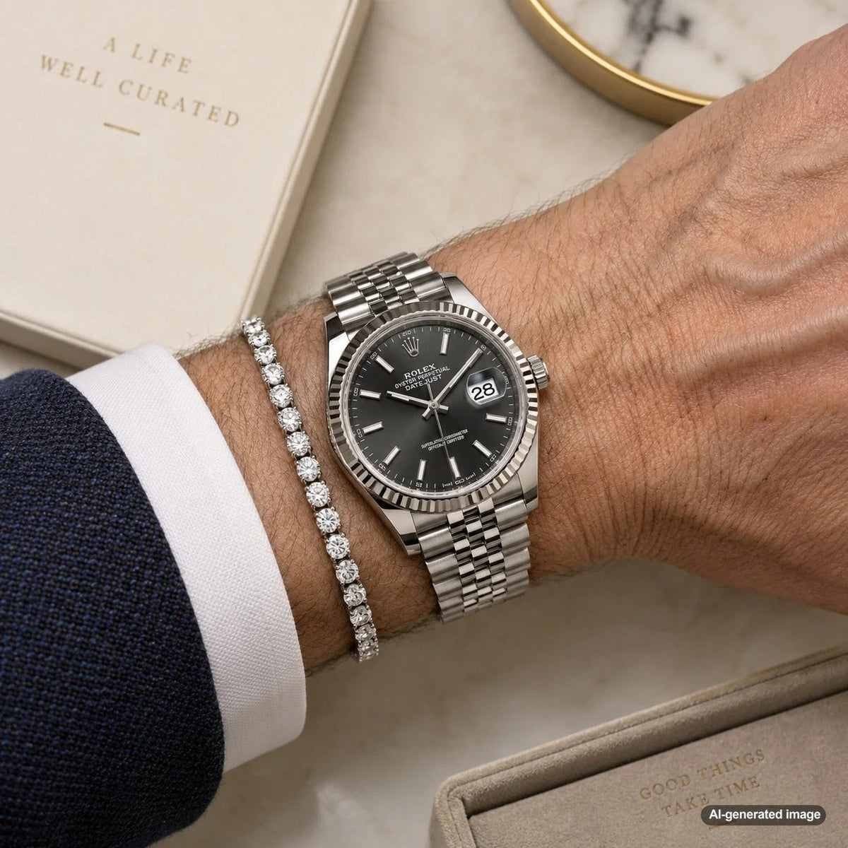 Diamond tennis bracelet stacked beside a luxury Rolex watch for an elegant and carefully styled wrist look