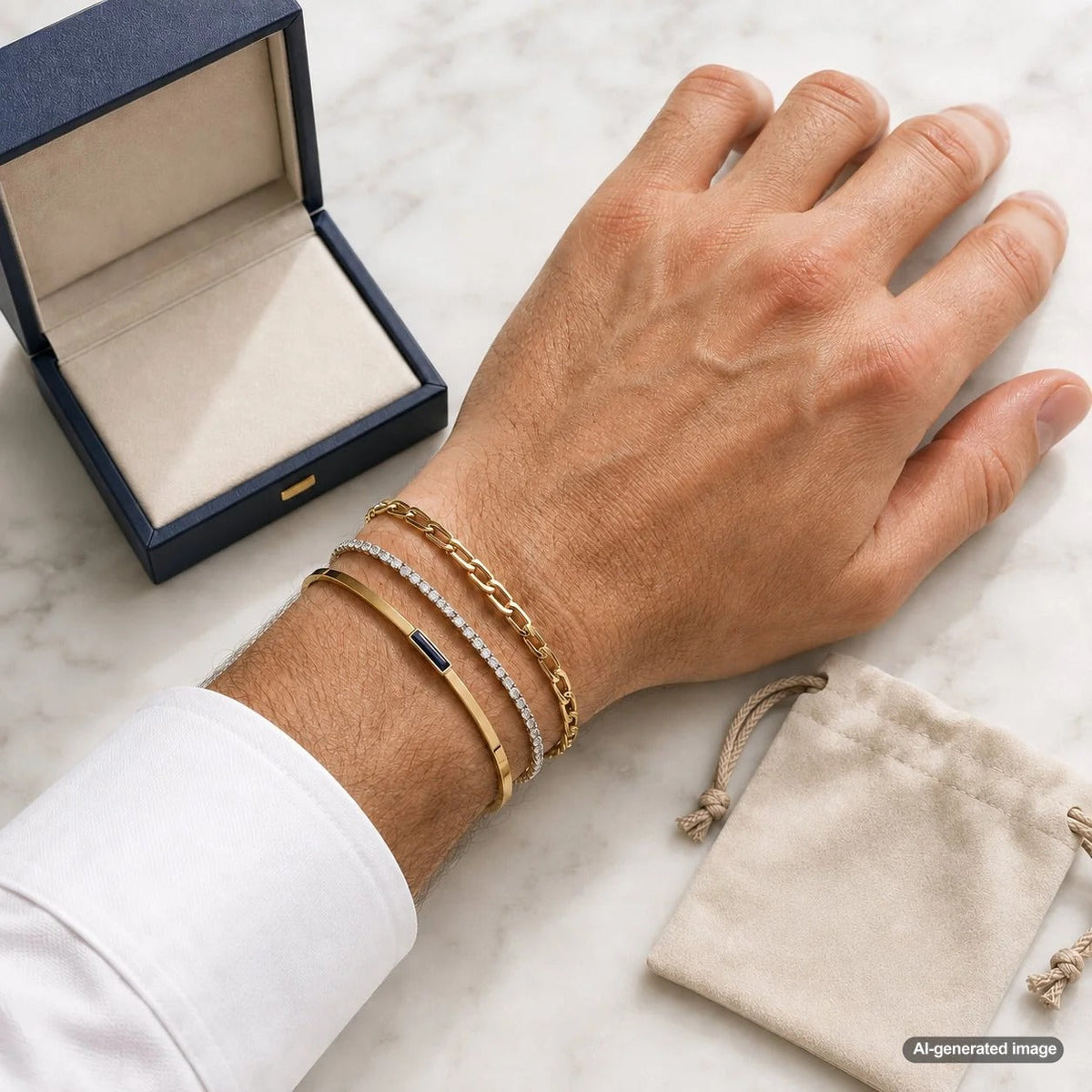 Elegant stack of fine jewelry bracelets styled together with diamonds and precious metals