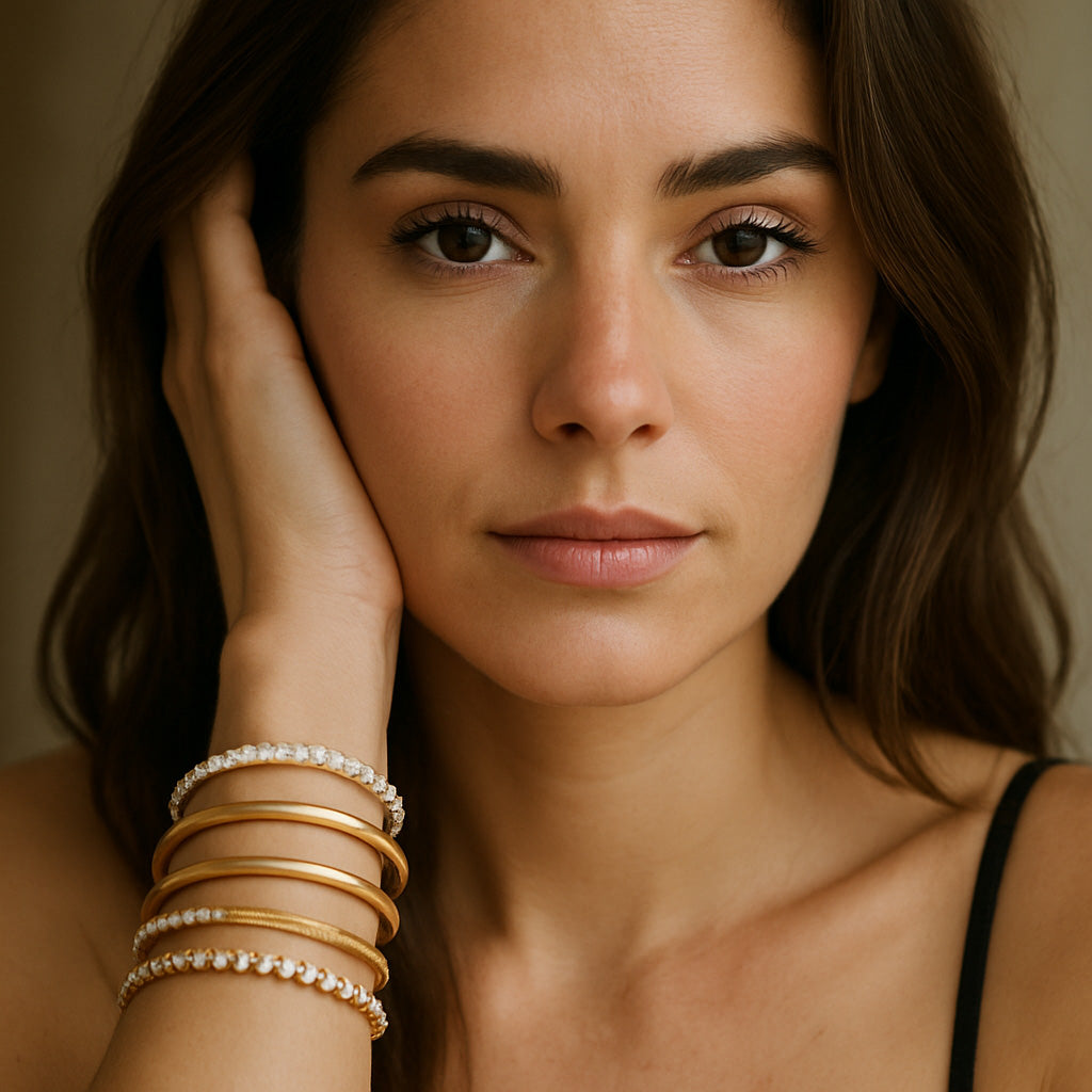 Artfully stacked bracelets in mixed metals and styles demonstrating perfect layering technique