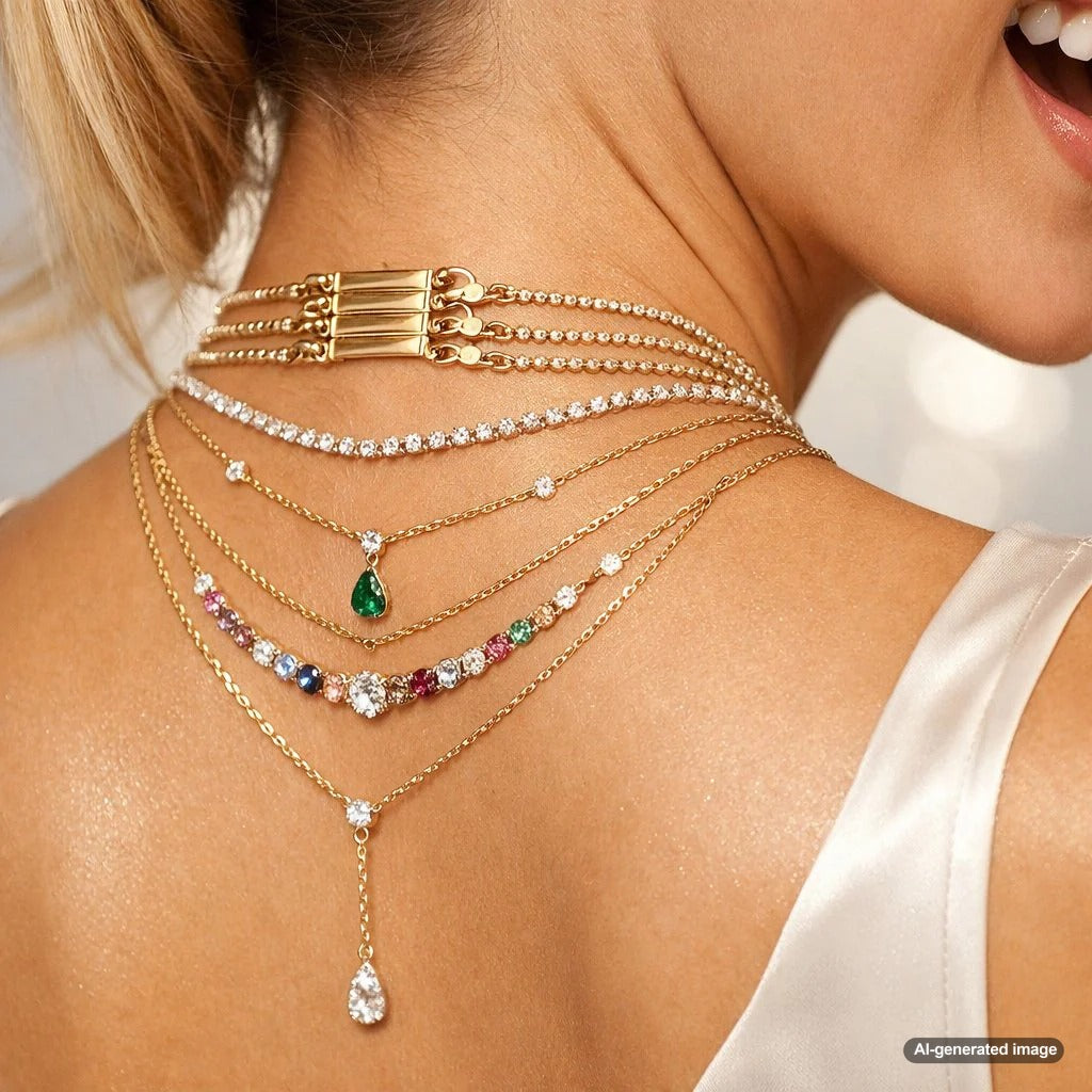 Close-up of a woman's hands using the Uniform Clasp Trick to neatly fasten multiple layered gold necklaces at the back of the neck, showing perfect alignment and no tangles.