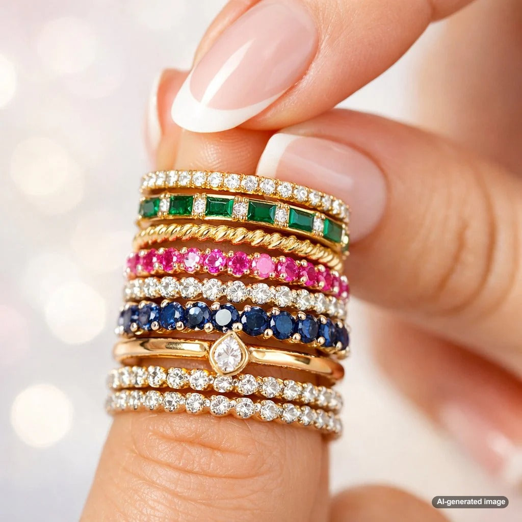 A stylish hand showcasing a beautifully stacked assortment of gold and diamond rings on one finger, demonstrating comfortable and chic layering techniques.