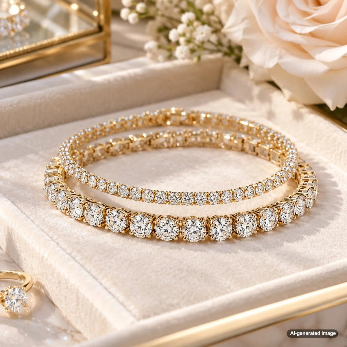 Two sparkling diamond tennis bracelets with different diamond sizes styled together in an elegant layered jewelry stack