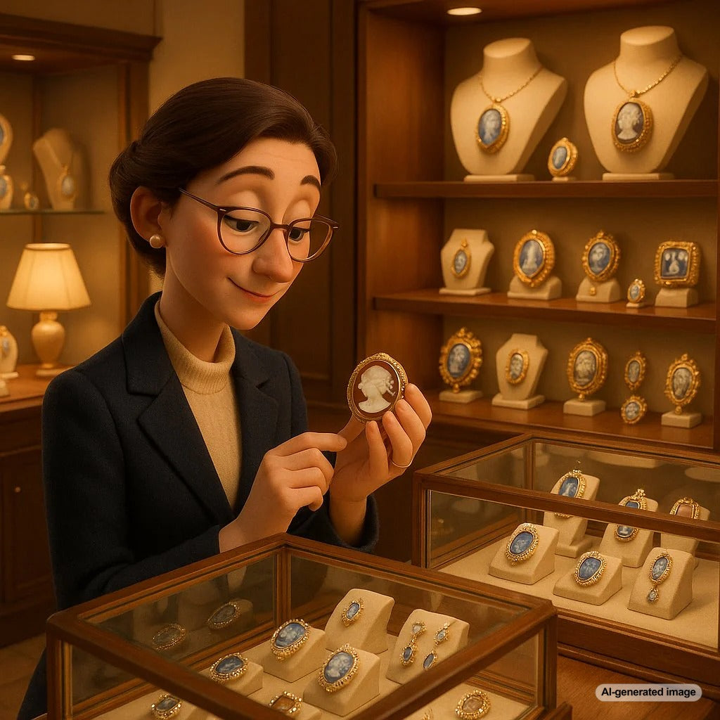 Exquisite antique cameo and intaglio jewelry pieces showcasing detailed carvings in shell and stone