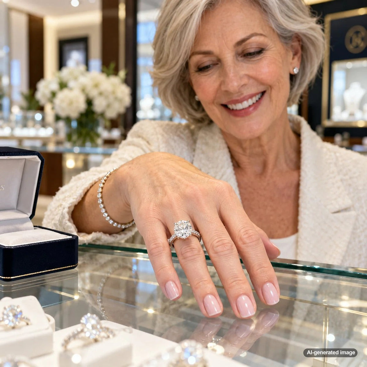Heavy engagement ring with a prominent center stone shown comfortably positioned upright on the finger