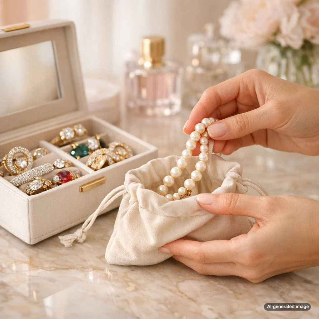 A string of luminous pearls resting gently on a soft, dark fabric pouch, illustrating the proper way to store pearl jewelry to preserve its luster and prevent scratches.