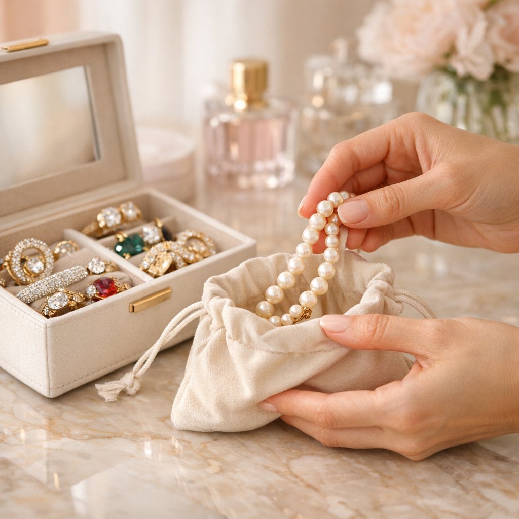A string of luminous pearls resting gently on a soft, dark fabric pouch, illustrating the proper way to store pearl jewelry to preserve its luster and prevent scratches.