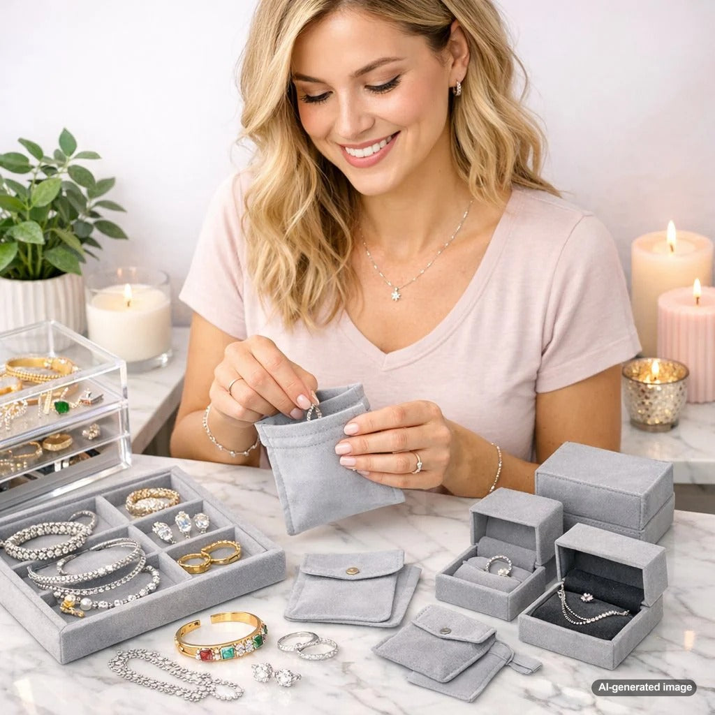 Close-up of anti-tarnish strips placed in a jewelry box alongside shining sterling silver necklaces and rings at Robinson's Jewelers.