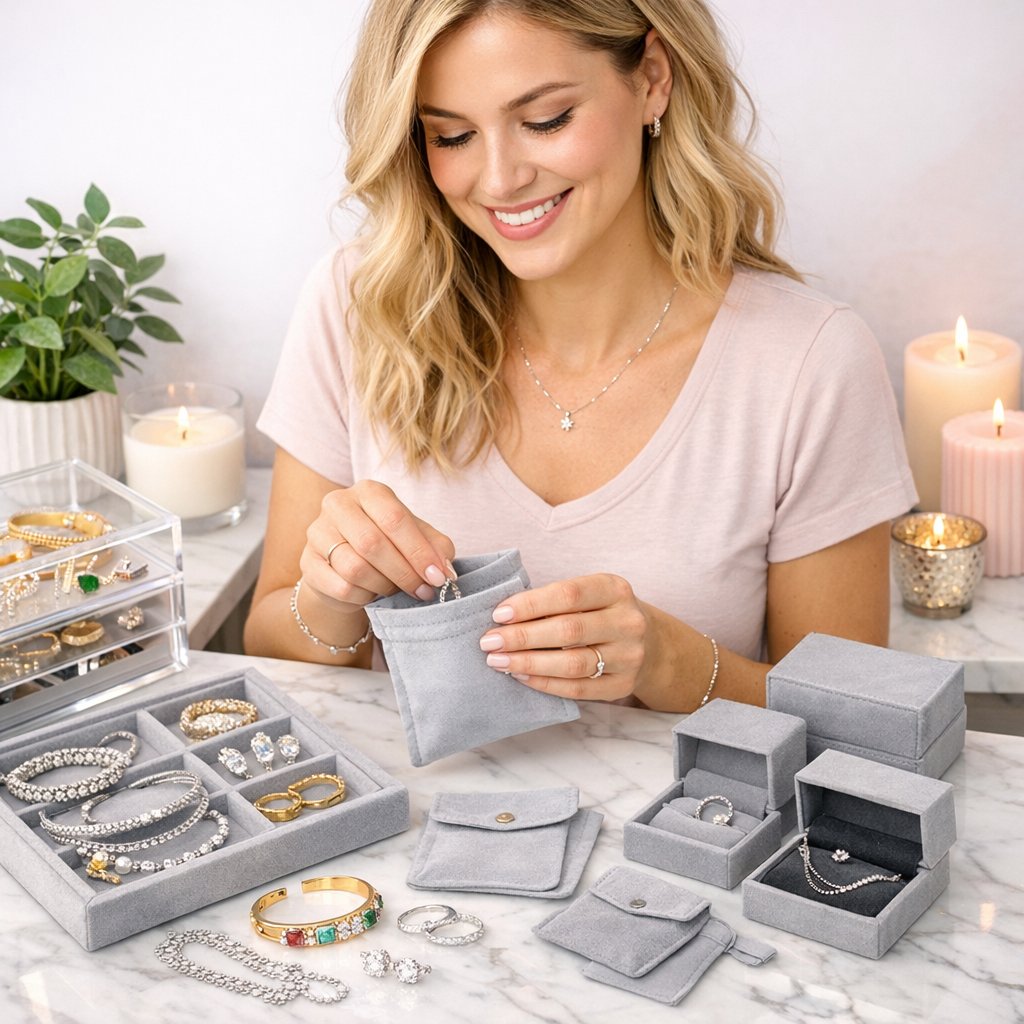 Close-up of anti-tarnish strips placed in a jewelry box alongside shining sterling silver necklaces and rings at Robinson's Jewelers.