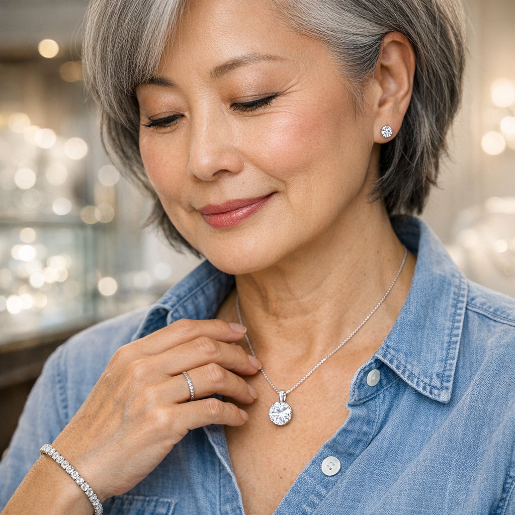 Woman styling a diamond pendant with a casual white t-shirt and jeans, looking effortlessly chic.