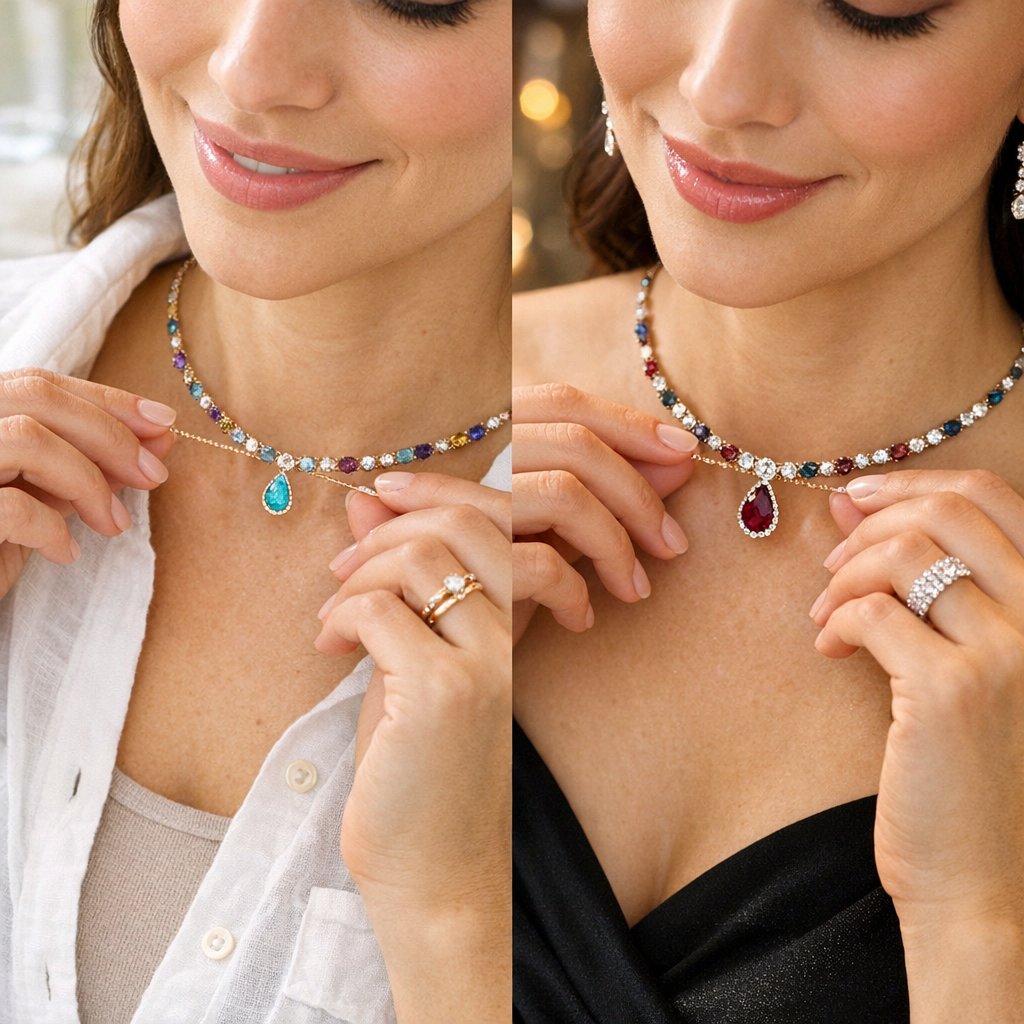 How to style a gemstone choker necklace from a casual daytime outfit to a glamorous evening look.