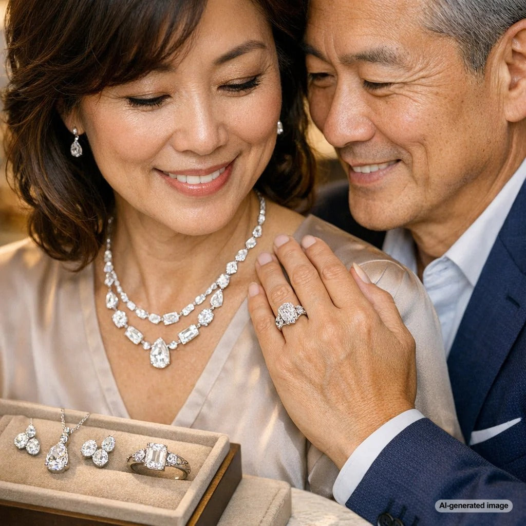 Woman styling mixed diamond shapes including round, pear, and emerald cut rings and earrings in one cohesive jewelry look