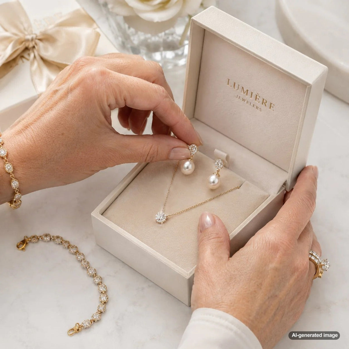 A stylish woman wearing pearl earrings paired with diamond jewelry, showcasing elegant ways to mix these timeless pieces.