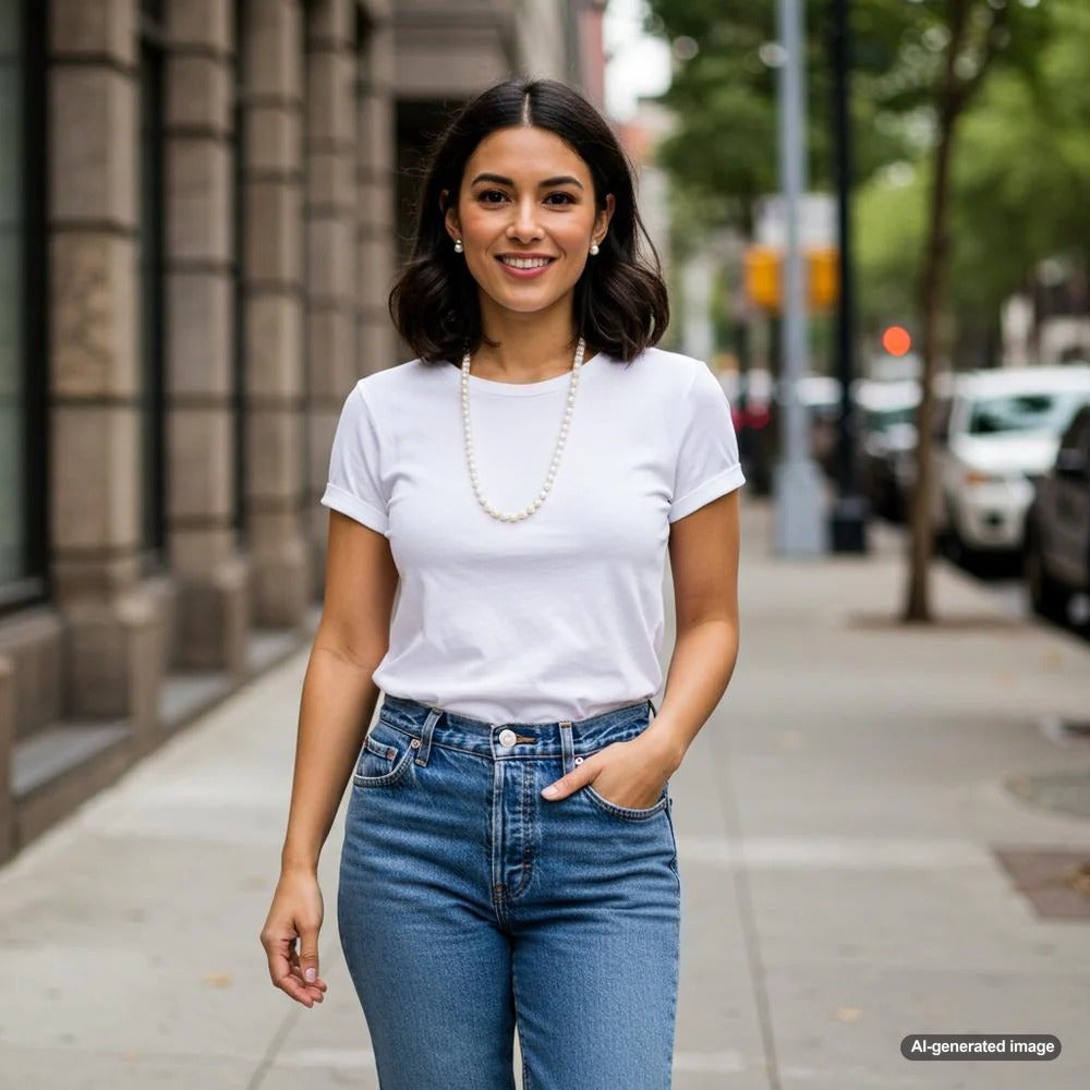 How to style pearls for casual outfits featuring layered pearl necklaces and earrings.