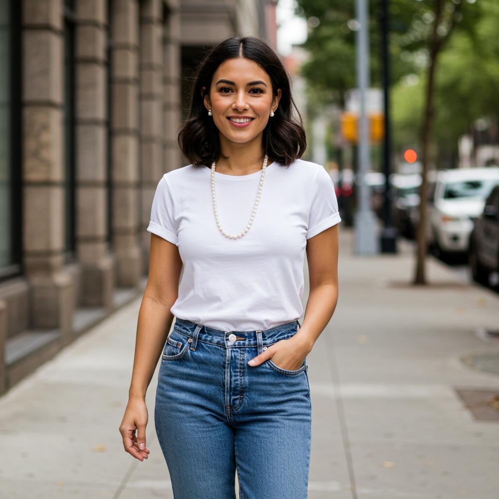 How to style pearls for casual outfits featuring layered pearl necklaces and earrings.