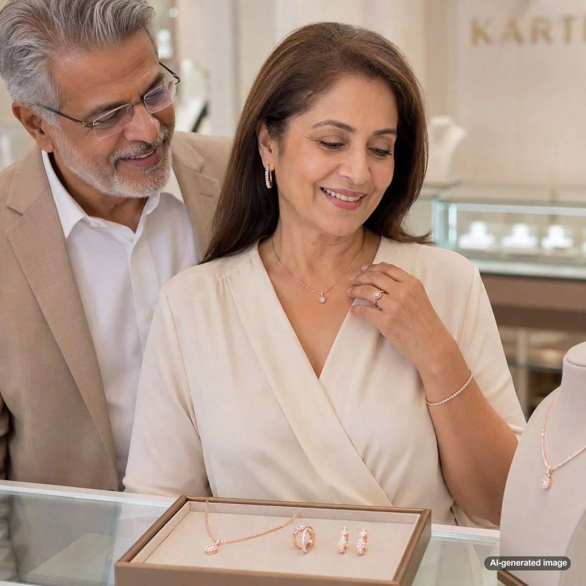 Elegant rose gold jewelry styling guide featuring a sophisticated bracelet and rings on a neutral background for a timeless look from Robinson's Jewelers.
