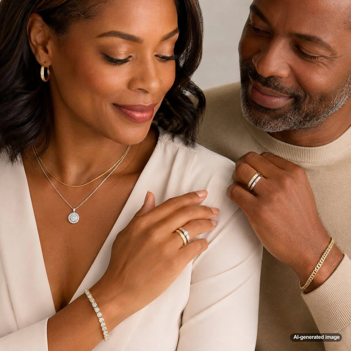 A woman elegantly styling a mixed stack of white gold and yellow gold rings and bracelets on her wrist.